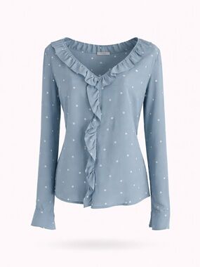Sezane Silk Capucine Blouse Ruffle V-Neck Polka Dot Blouse Light Blue Sz EUR34